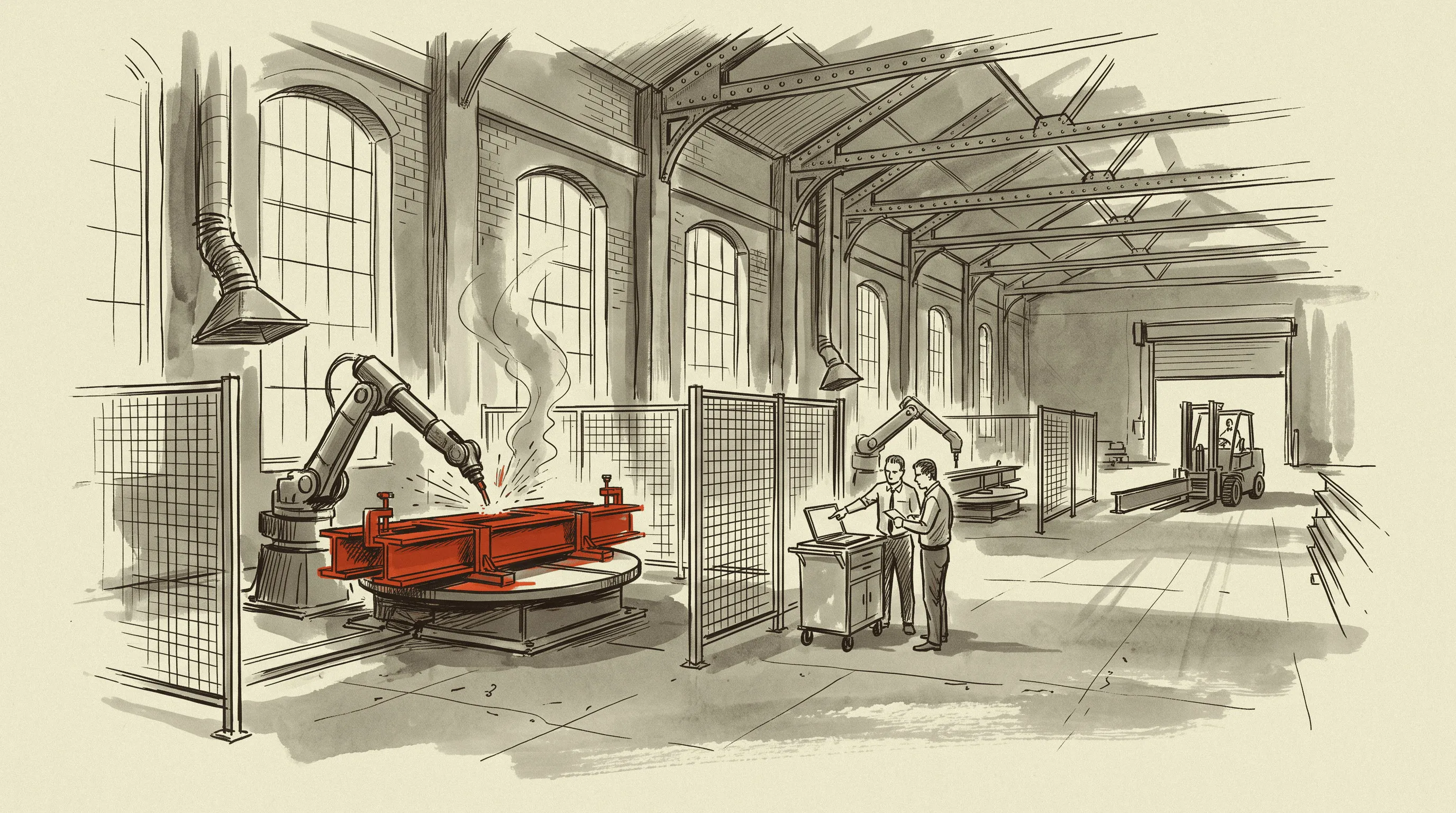 Robotic welding cells on the floor of a 1903 Cincinnati factory, the raw beams coming in by forklift and the engineers working from a laptop cart.