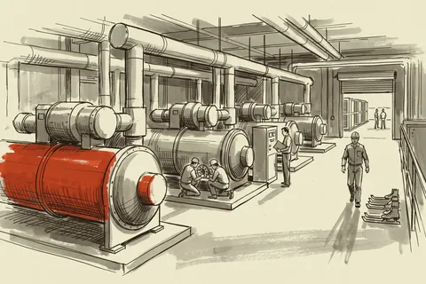 The cooling plant of a liquid-cooled hall with four chillers and one standby machine on their pads.