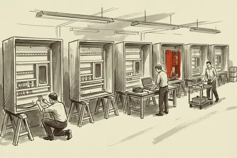 A panel shop building enclosures around the controller racks that have not yet been delivered.
