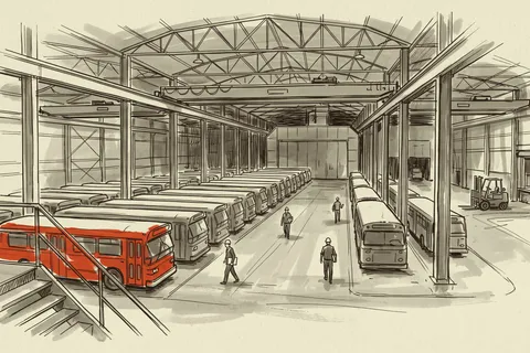 Preview day inside a closed bus plant, where most of the lots are material handling rather than machine tools.