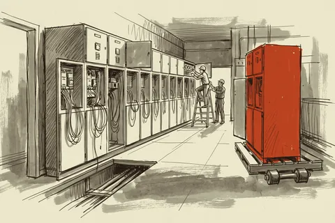 The switchgear lineup going into a substation control house, with one section not yet set in place.