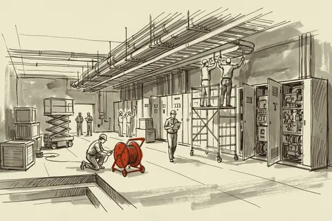 An electrical room under rough-in at a datacenter campus, with the pulling crew working the feeder run.