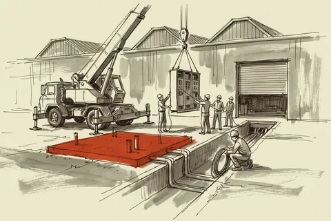 The switchgear arrives on the crane while the pad built for the utility's transformer stands empty.