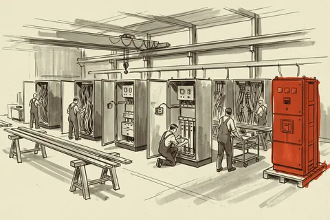 A low-voltage switchgear line in assembly, with one finished section already skidded for shipment.