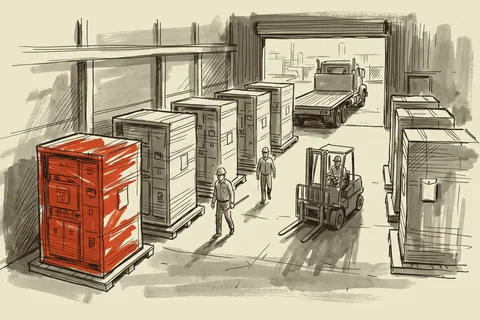 Finished switchgear lineups waiting on the shipping floor, with the shipping documents attached to the nearest crate.