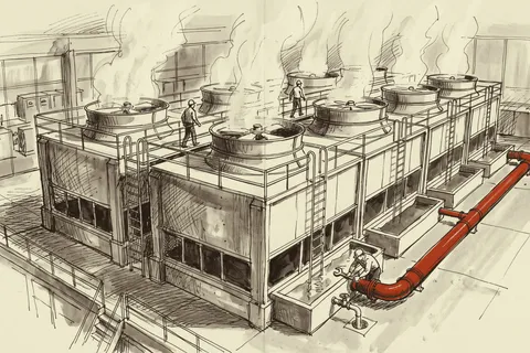 An open cooling tower bank on a data hall yard with its makeup and blowdown lines.