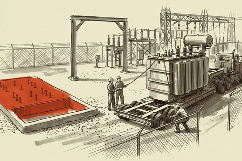 A power transformer arriving at the substation pad it was contracted to fill.