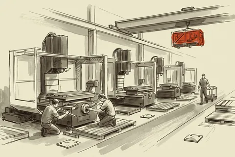 Horizontal machining centers under assembly on a United States plant floor, with an imported spindle unit arriving by overhead crane.