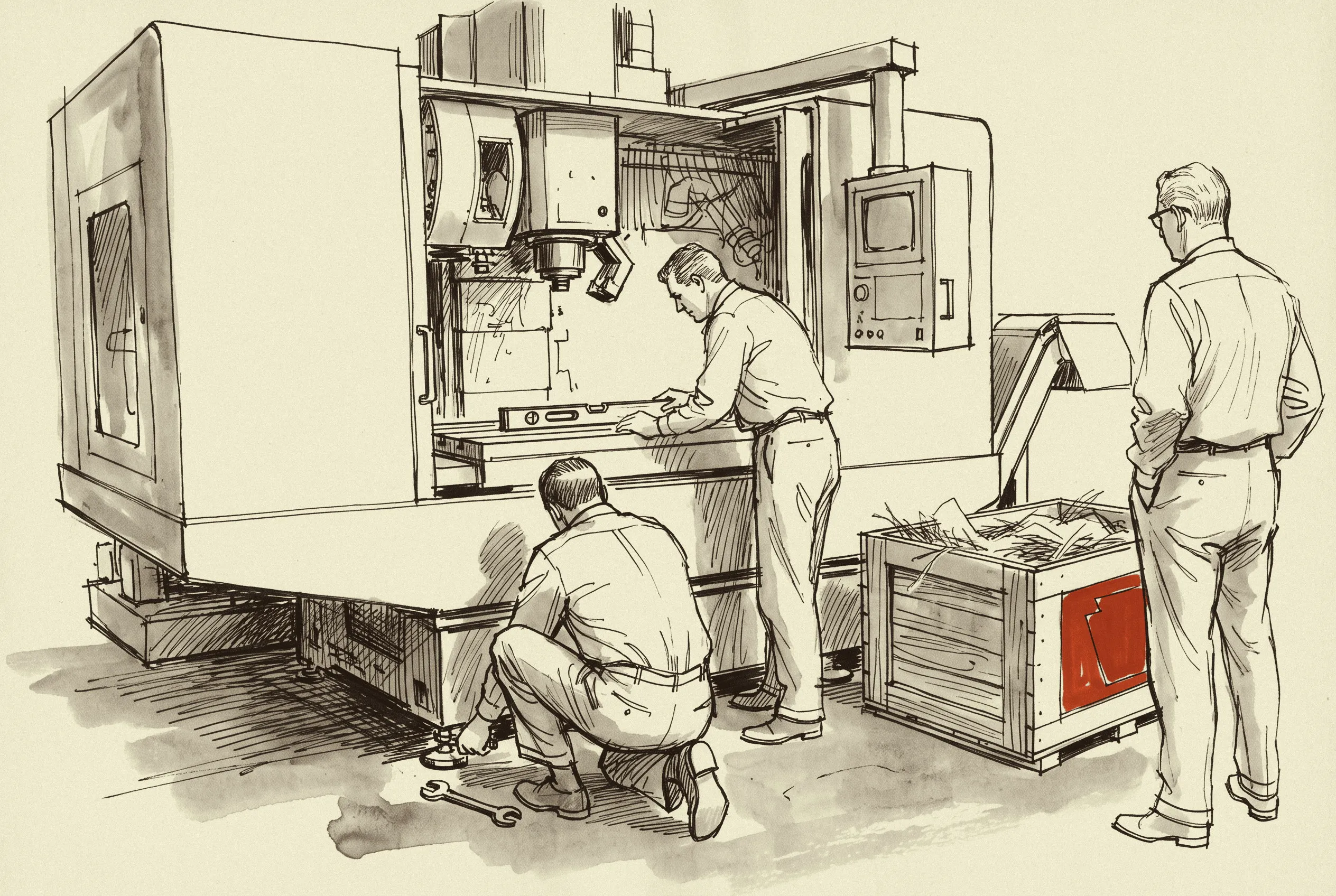 A machining centre set on its foundation and waiting on the custom spindle, one of the items in the year-plus bucket.