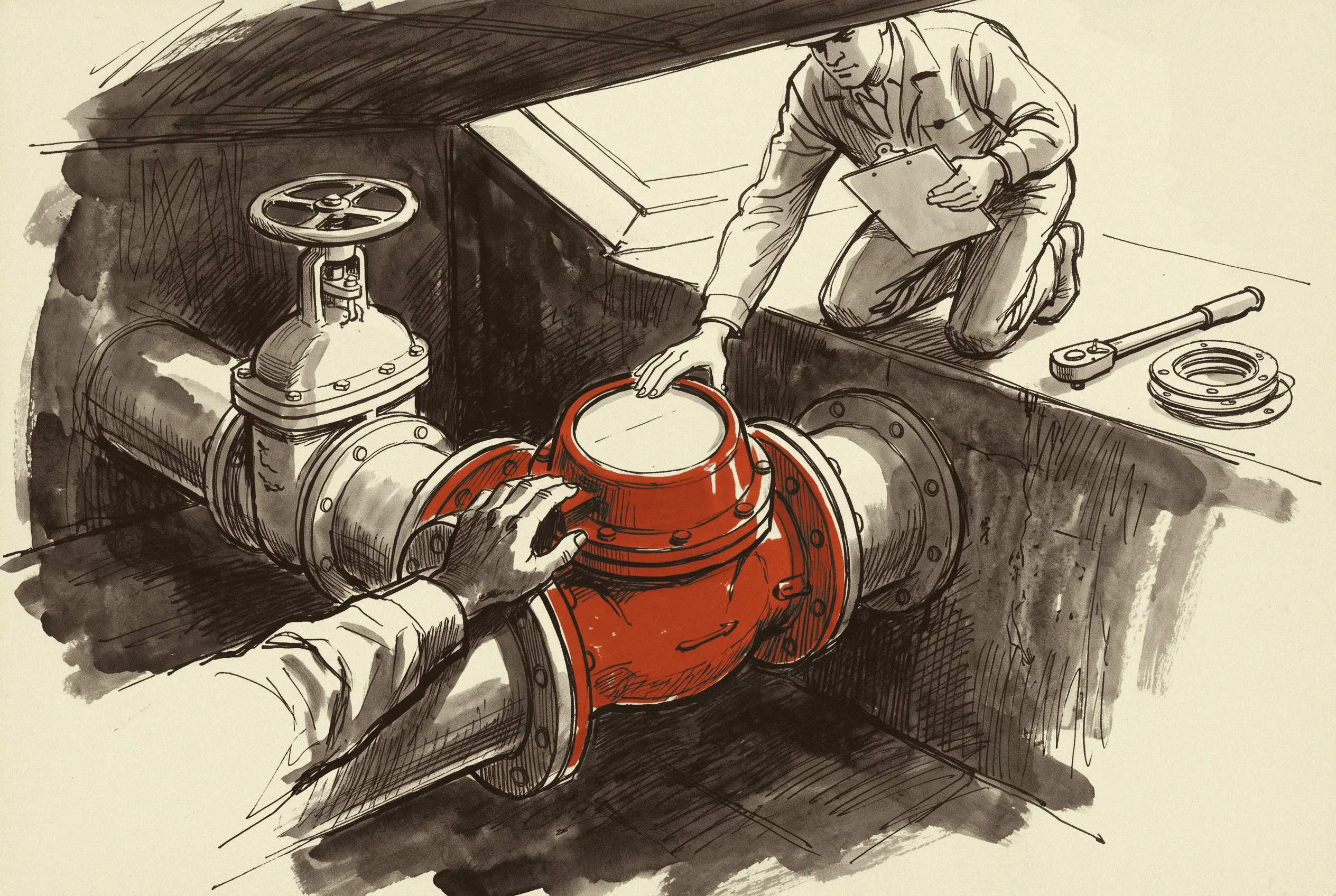 A deduct meter being set on a cooling tower makeup line in a pipe vault.