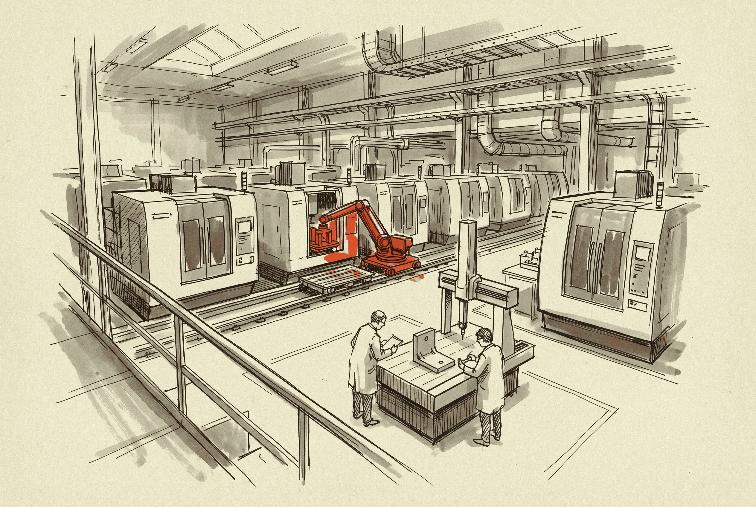 A wide automated machining hall with rows of enclosed five-axis machining centers, a pallet robot moving between them, and technicians at a central inspection station.