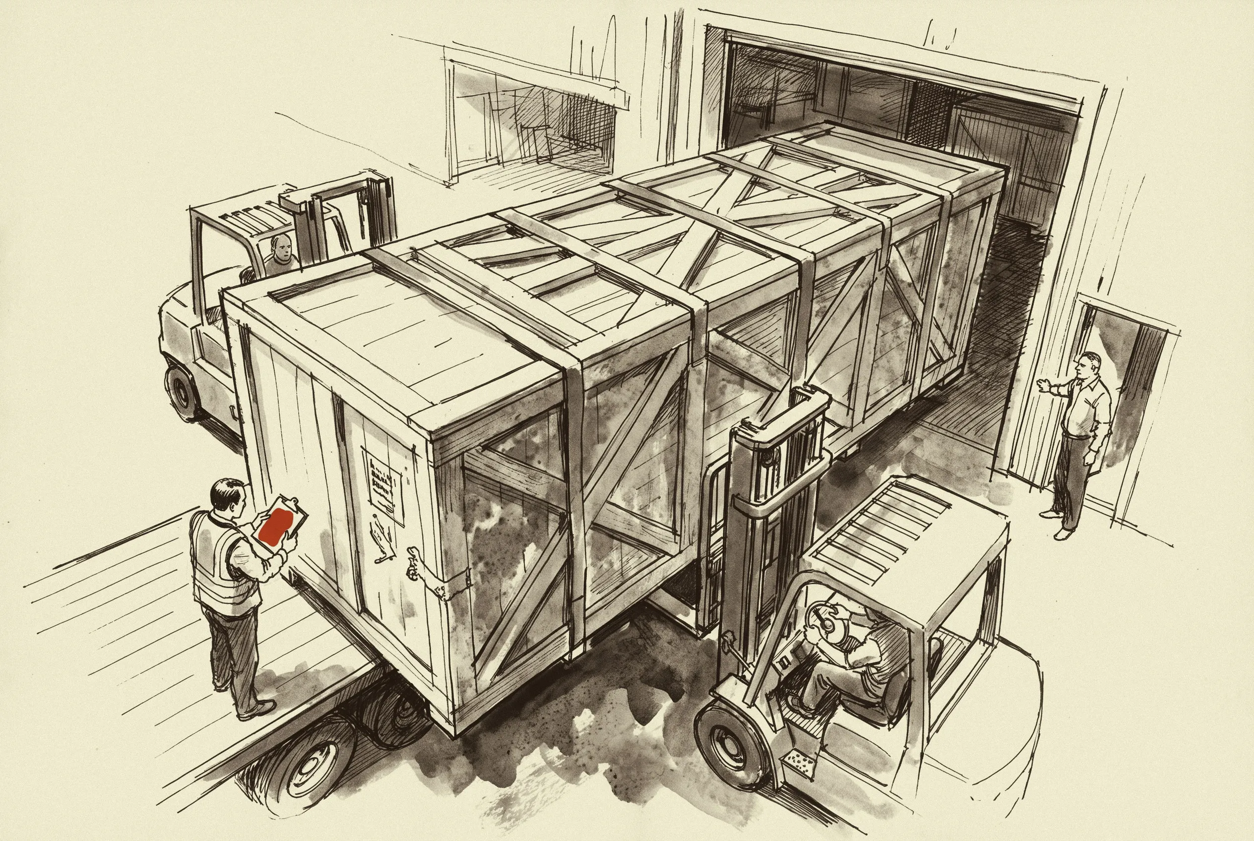 A crated laser cutter coming off a flatbed at a bonded warehouse while the broker checks the case at entry.