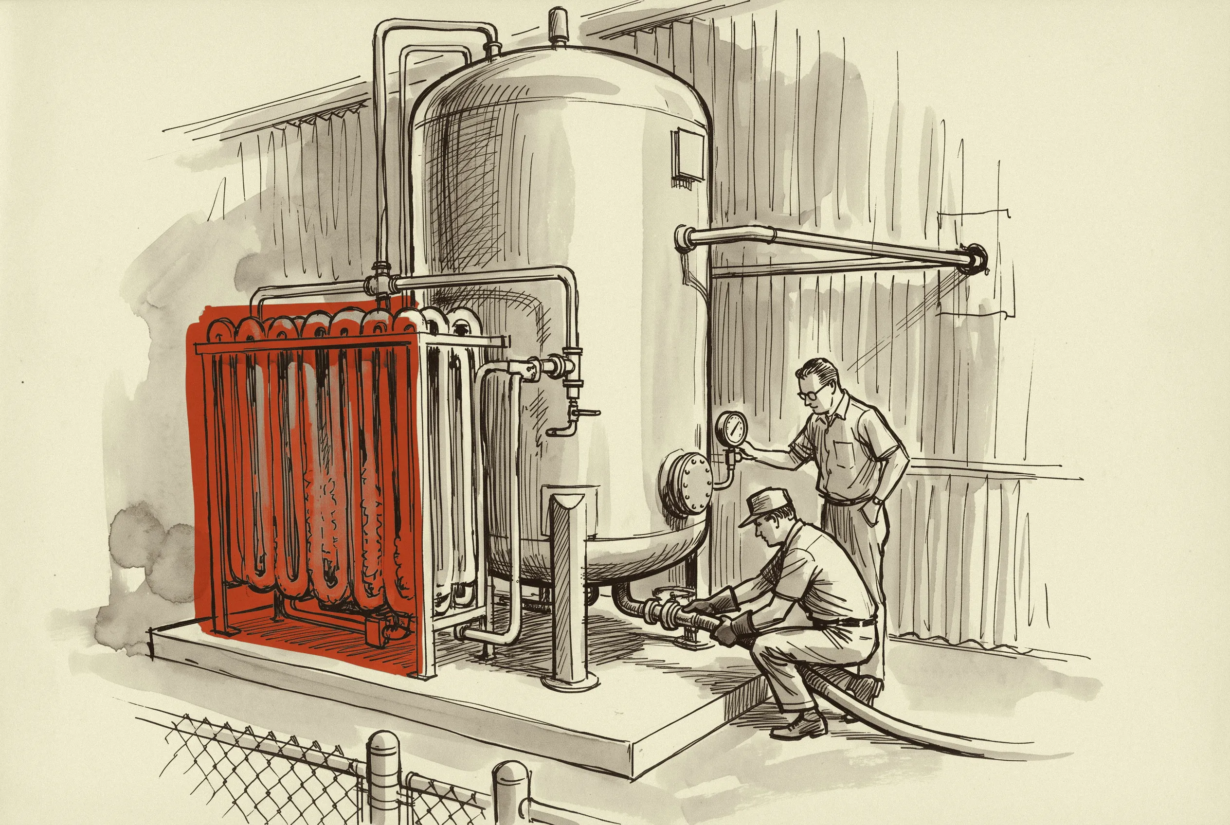 The bulk liquid nitrogen tank and vaporizer that feed assist gas to the cutting head.