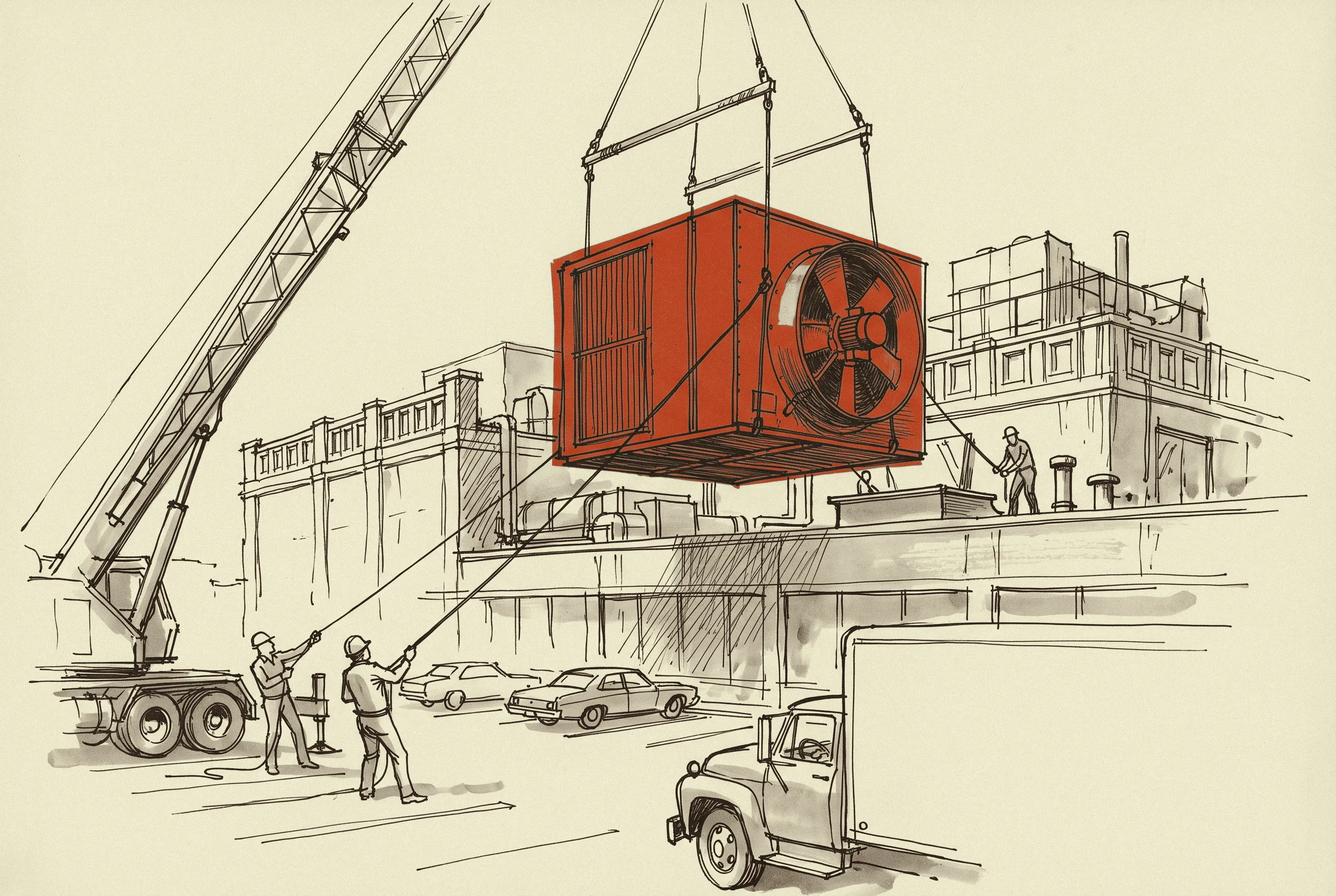 A replacement cooling tower cell being set on a mechanical penthouse roof.