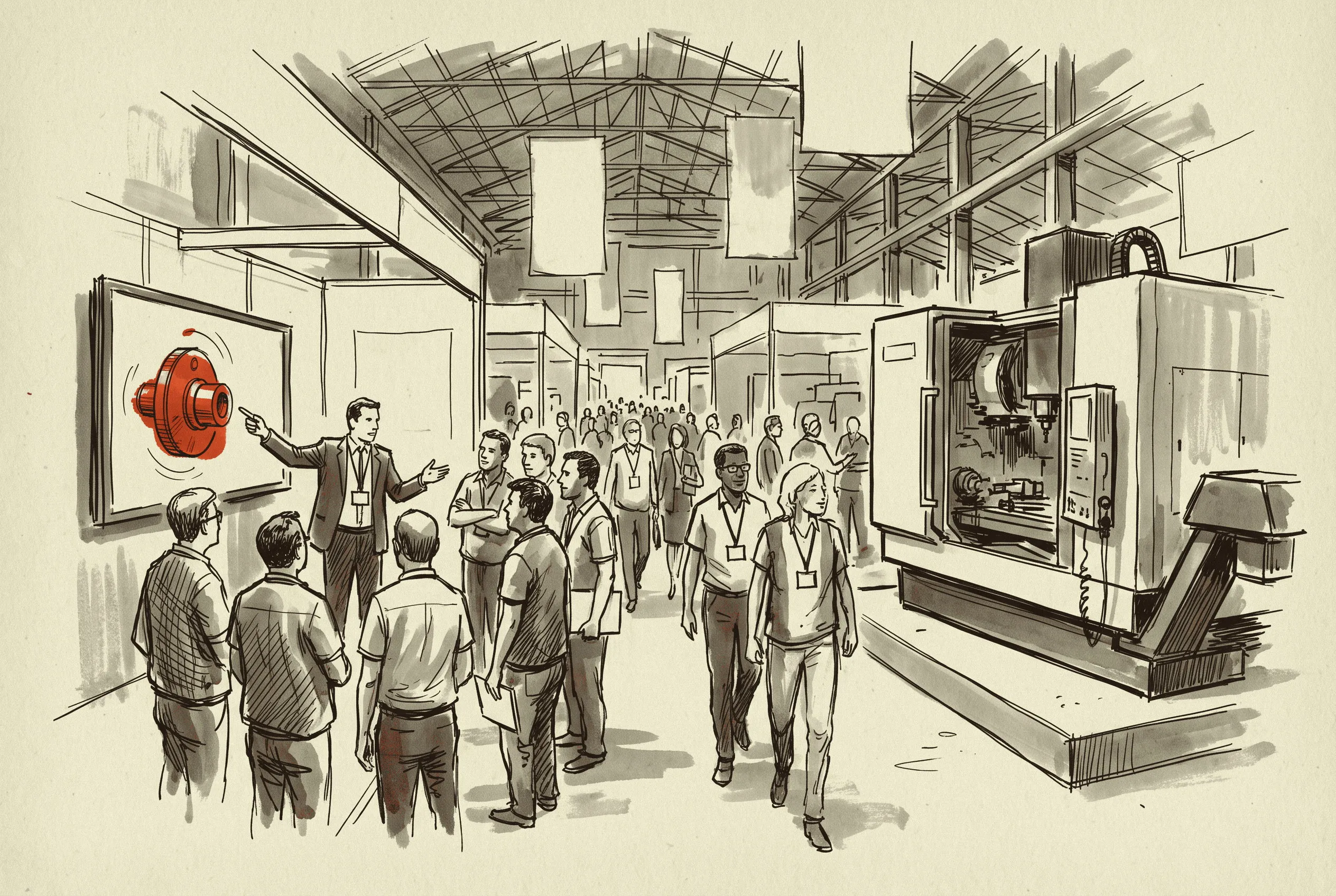 A CAM demonstration drawing a crowd at a machine-tool show, the buyer's chance to run both agents on the same part.